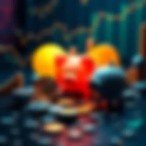 A visual representation of cryptocurrency symbols alongside traditional retirement savings elements like piggy banks and graphs.