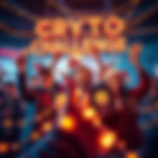 Participants celebrating and holding cryptocurrency rewards with festive decorations for the December Buy-to-Win Challenge