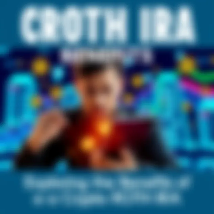 Graphic showing a person reviewing their Crypto ROTH IRA options with cryptocurrency symbols around them