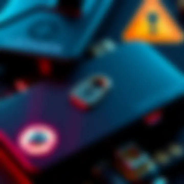 Cryptocurrency Security Risks A close-up of a Ledger cryptocurrency device with warning signs and a lock symbol, emphasizing security concerns.