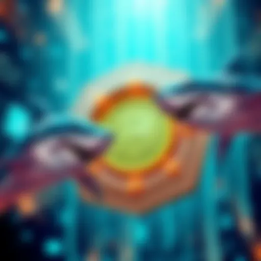 Illustration of crypto sharks surrounding a glowing SPL+ERC20 token on the Solana blockchain with a digital background