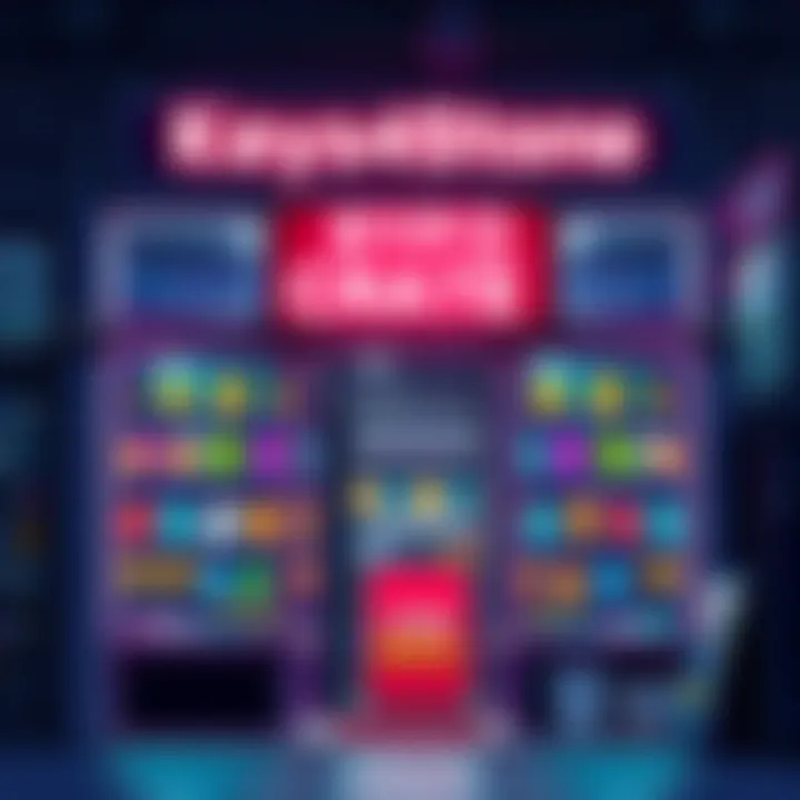 A storefront showcasing cryptocurrency products, with a sign indicating it's for sale and a welcoming atmosphere, appealing to potential buyers.