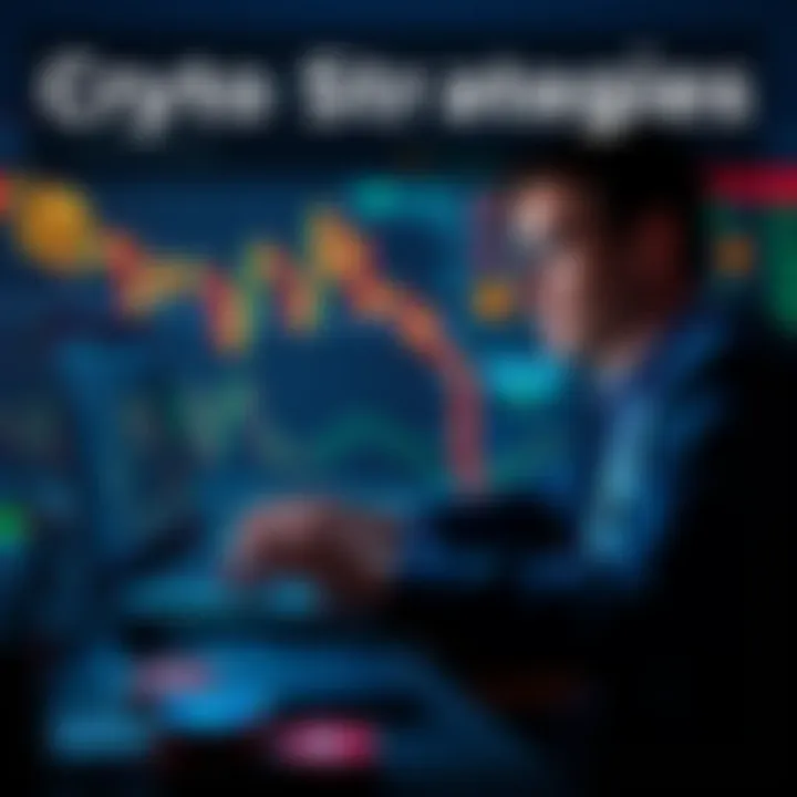 Crypto Strategies A person analyzing cryptocurrency trends on a laptop, surrounded by digital coins and graphs showing market changes.
