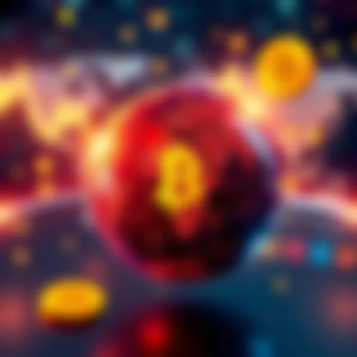 Crypto Strategies Amid Global Tensions A visual representation of fluctuating cryptocurrency values with currency symbols and a globe indicating global conflicts.