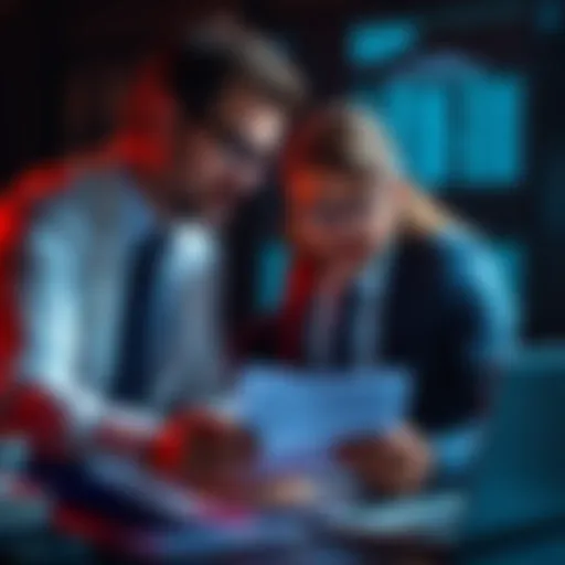 A professional accountant reviewing tax documents with a client focused on cryptocurrency.