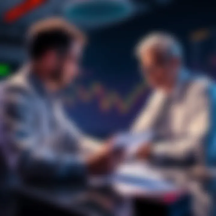 A professional accountant discussing crypto tax strategies with a client, surrounded by digital currency charts and tax documents.