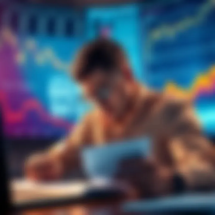 A person looks worried while calculating taxes on cryptocurrency investments, surrounded by graphs and charts showing losses and gains.