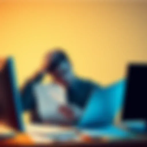 A person looking frustrated while dealing with paperwork and a computer, symbolizing the difficulties of filing crypto taxes when exchanges are unavailable.