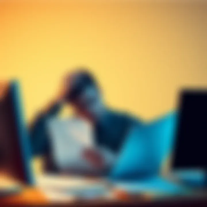 A person looking frustrated while dealing with paperwork and a computer, symbolizing the difficulties of filing crypto taxes when exchanges are unavailable.