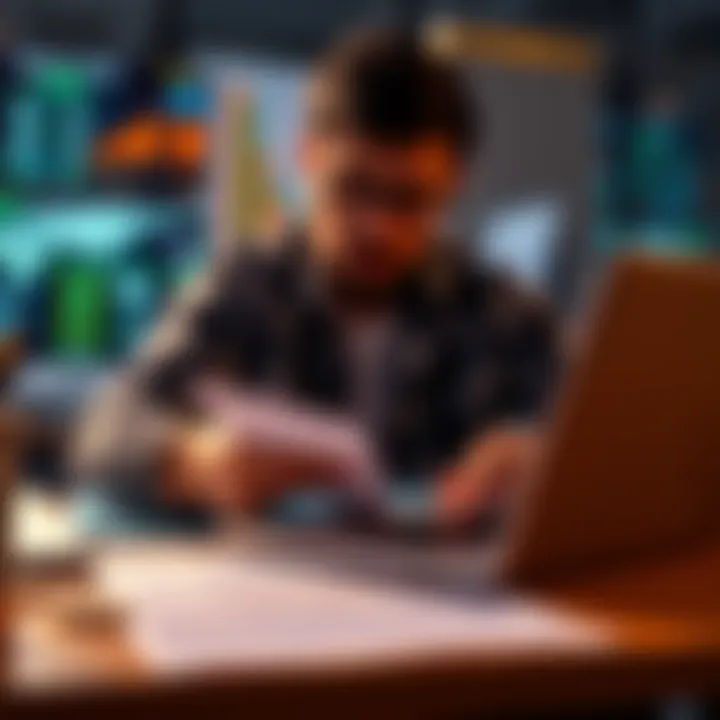 Individual examining cryptocurrency transactions and tax documents on a laptop