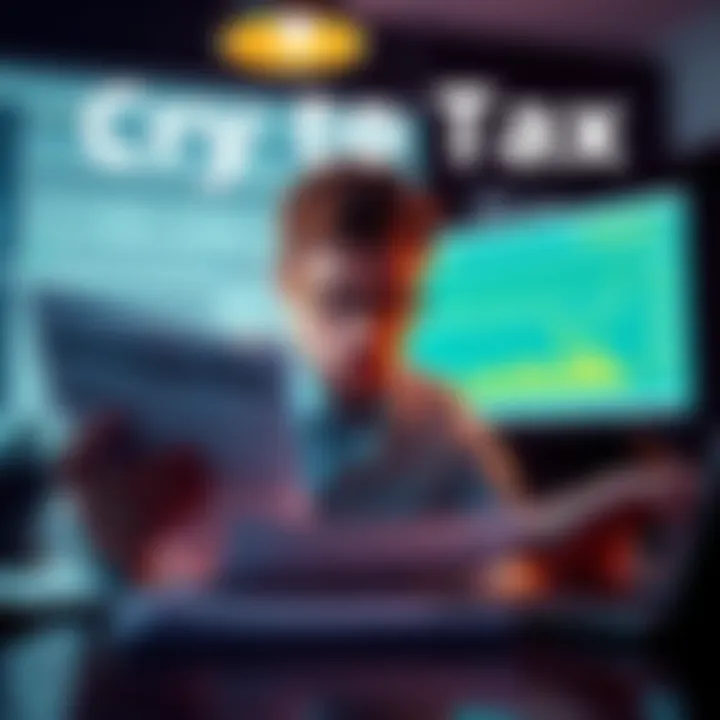 A person looking stressed while reviewing tax documents and a computer screen showing crypto gains and losses.