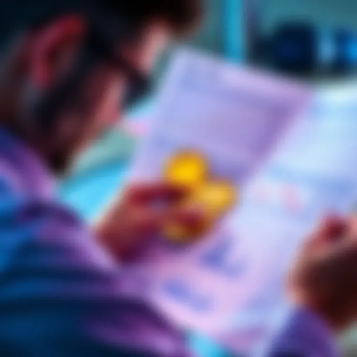 A person examining crypto assets with charts and tax documents, symbolizing the discussion on UK crypto tax and £0 cost basis.