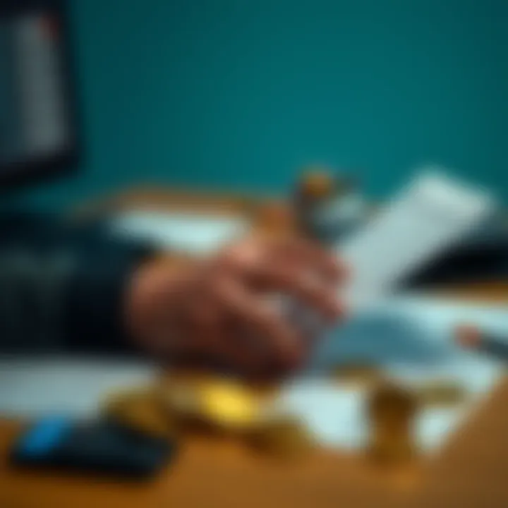 A person calculating taxes with cryptocurrency and tax forms on a desk