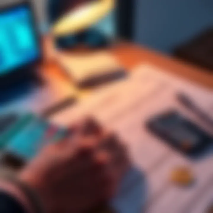 A person filling out IRS Form 8949 for cryptocurrency transactions with a calculator and financial documents on a desk