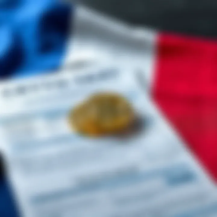 A graphic showing a tax form with cryptocurrency symbols and a French flag in the background, representing the proposed crypto tax in France.