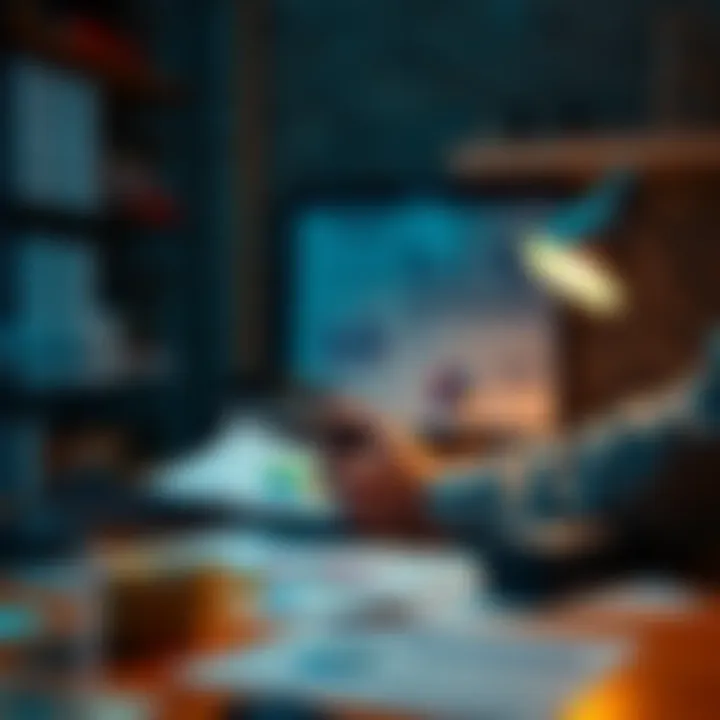 A person analyzing crypto transactions with charts and tax documents on a desk.