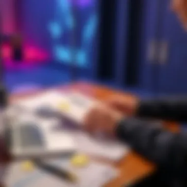 A person reviewing Bitcoin tax forms and calculations, with a laptop and documents on a table