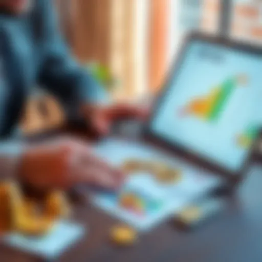A person calculating taxes with a laptop, 1099-DA form, and cryptocurrency symbols on the desk