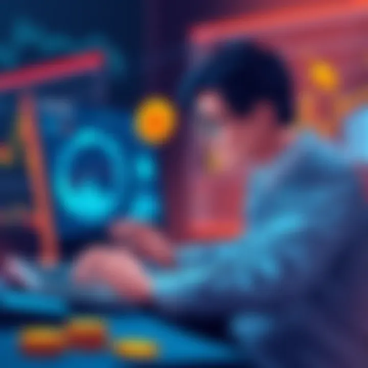 A detailed illustration of a person analyzing tax software while managing cryptocurrency assets, with charts and digital coins in the background.