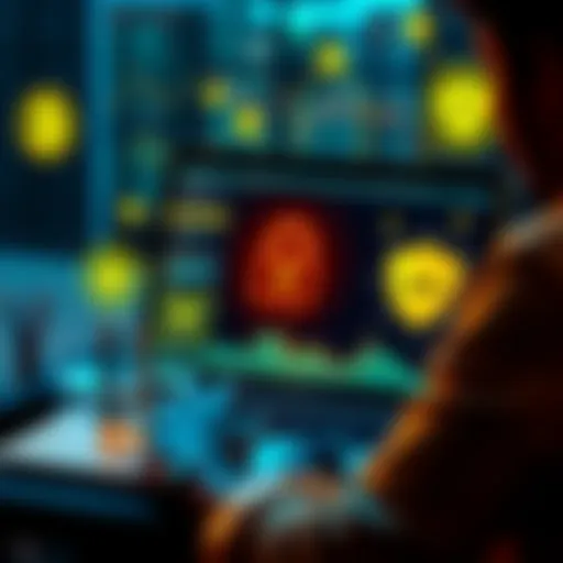 A person using a laptop with crypto tax software on the screen, surrounded by privacy symbols like a lock and shield.