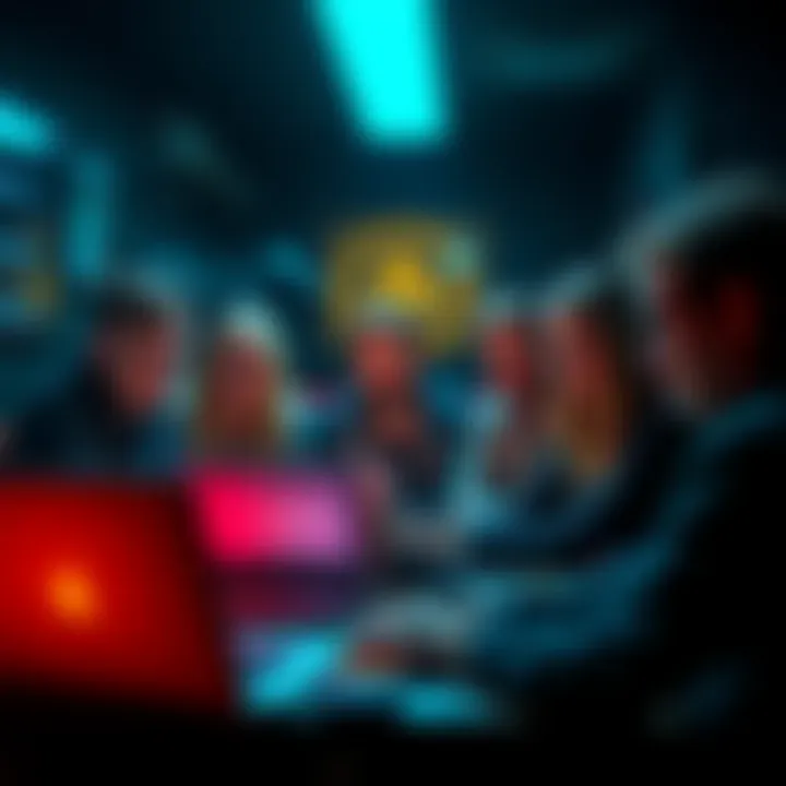 A group of concerned people discussing cryptocurrency theft in a dimly lit room with laptops open and worried expressions