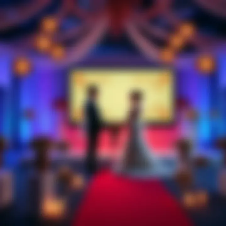 A couple in wedding attire surrounded by cryptocurrency decorations, including digital coin centerpieces and themed wedding vows displayed on a screen.
