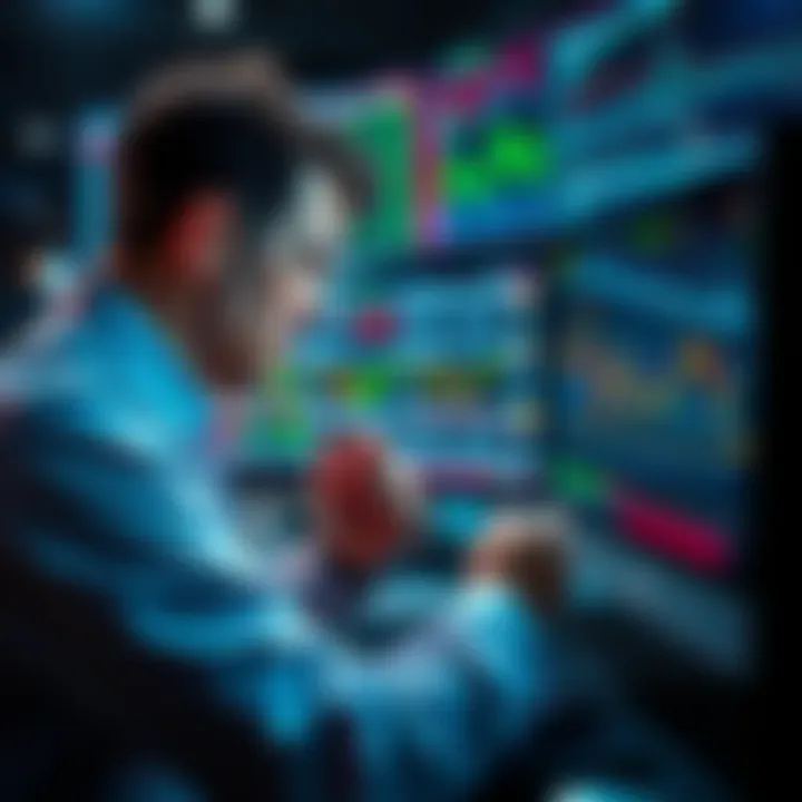 Crypto Trader Analyzing Data A trader looking at charts and data on multiple screens, feeling stressed by market changes.