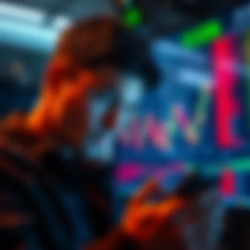 A person looking at a smartphone screen displaying cryptocurrency price charts, showing a focused expression.