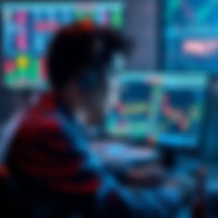 A person looking at computer screens filled with crypto trading data, searching for a flash loan bot developer to partner with.