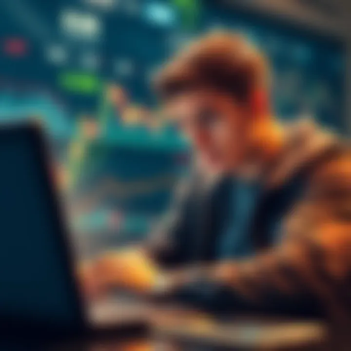 A distressed crypto trader looking at a declining Ethereum chart on a laptop, expressing concern over an $8K loss.