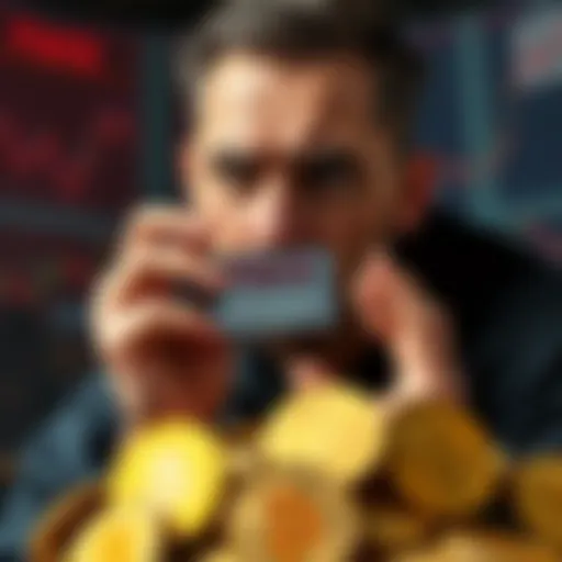 A new crypto trader looks upset while holding a smartphone showing a fake token contract on the screen, surrounded by crypto coins.