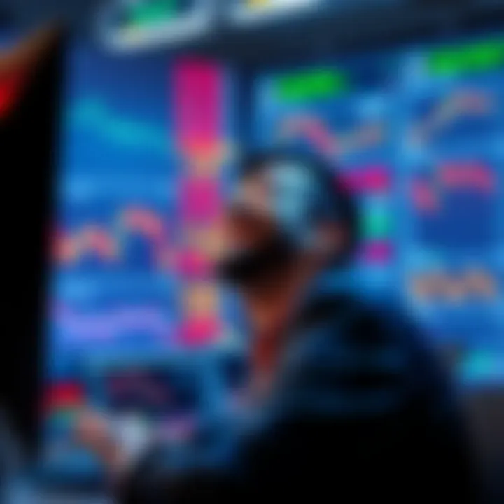 A crypto trader smiling at a computer screen showing market trends and news, embodying humor amid global tensions