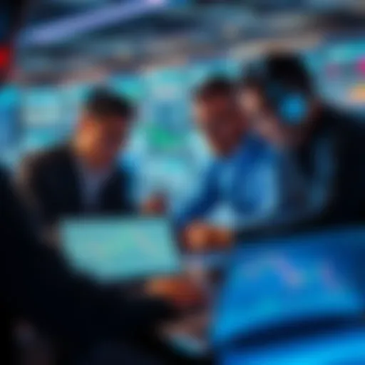 Crypto Traders Analyzing Market Trends A group of crypto traders studying charts and graphs on their laptops, discussing strategies for trading success.