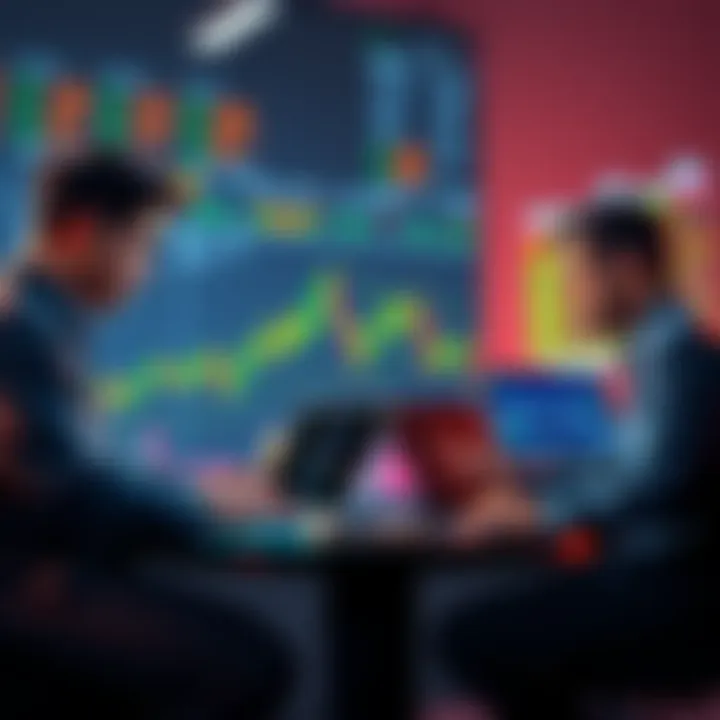 Group of traders discussing crypto market changes, using laptops and charts to strategize in 2025