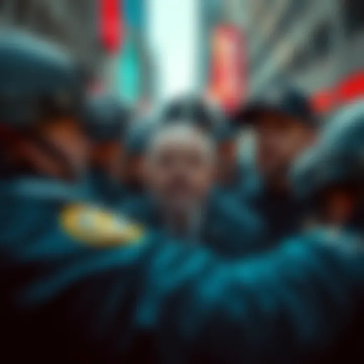 A group of distressed crypto traders surrounded by police after a violent daylight attack resulting in significant loss.