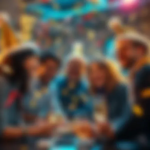 A group of crypto traders joyfully celebrating New Year's Eve with confetti and festive hats, sharing laughs and resolutions for 2025.