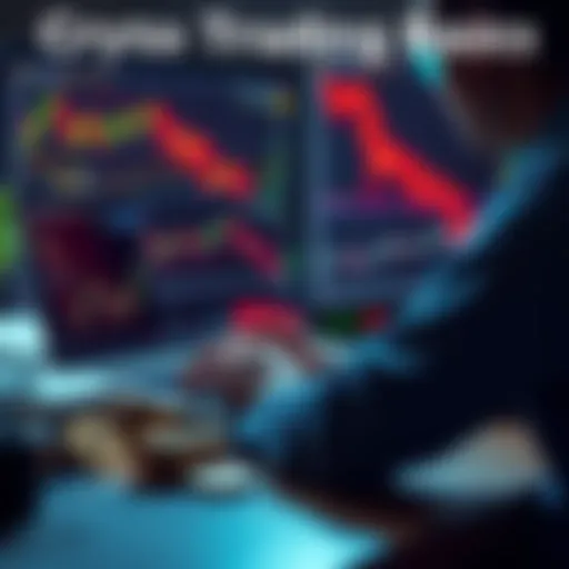 A person looking at cryptocurrency charts and graphs on a laptop with various coins displayed nearby