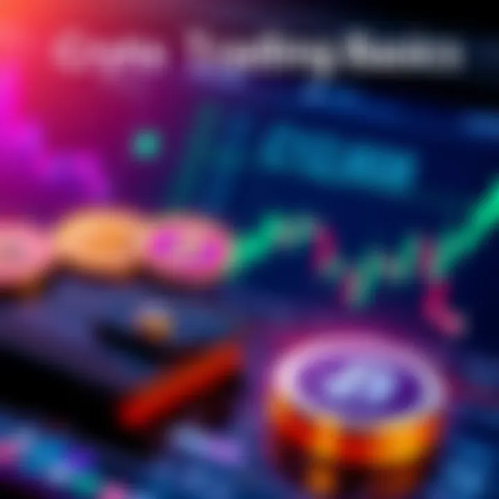 Graphic showing cryptocurrency symbols, a digital wallet, and a trading chart.