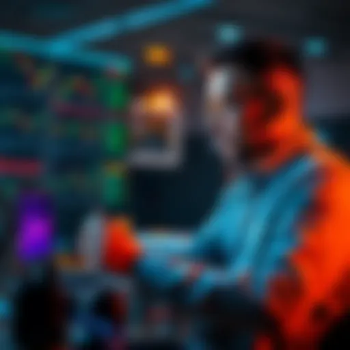 A busy professional analyzing cryptocurrency charts on a laptop while holding a coffee cup