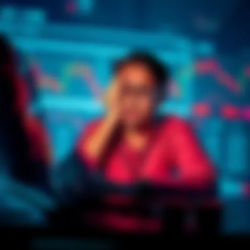 A person looking worried while checking cryptocurrency charts on a laptop, symbolizing the stress after a bad trade.