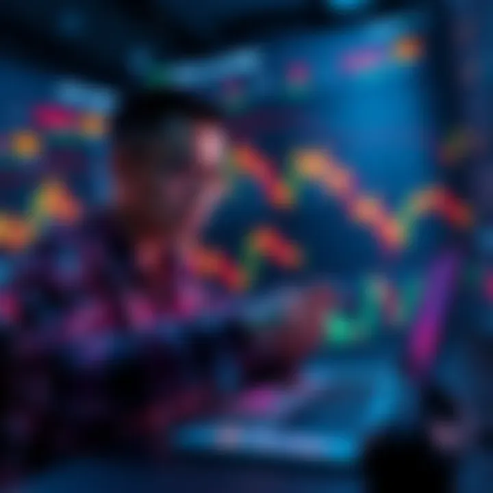 A person trading cryptocurrencies on a decentralized exchange platform, with stock charts and commodity symbols in the background.