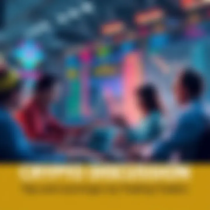 A group of people engaging in a discussion about cryptocurrency trading with laptops and charts visible.