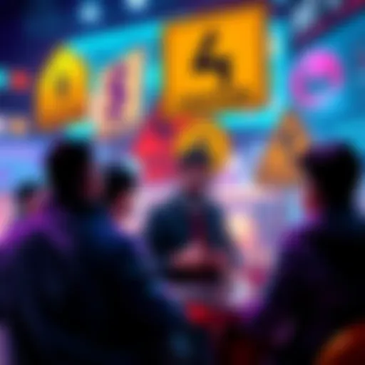 A group of people discussing cryptocurrency trading strategies with cautionary signs in the background