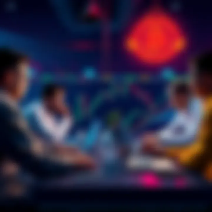 A group of people discussing cryptocurrency trading at a table with laptops and charts.