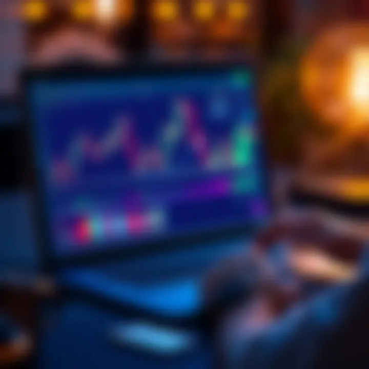 Cryptocurrency Trading Graph A person analyzing a cryptocurrency trading chart on a laptop with charts and graphs on screen