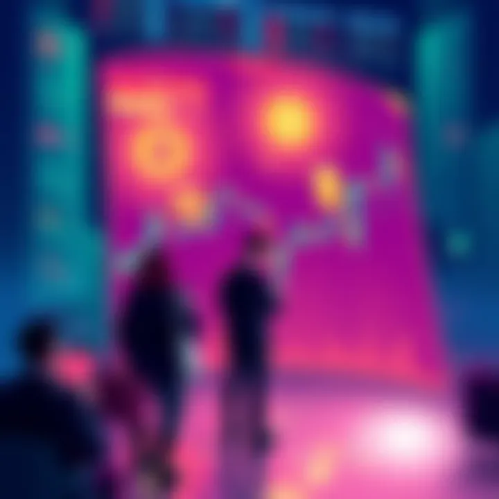 Crypto Trading Illustration Concept of crypto trading showing charts and Bitcoin symbols, with people discussing crypto derivatives.