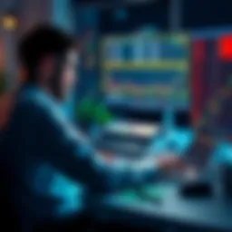 A trader sitting at a desk with a laptop, reviewing cryptocurrency exchange data and notes on fees, security, and stablecoins.
