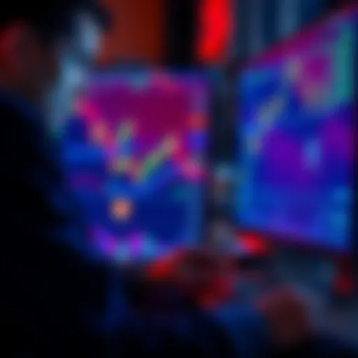 A trader analyzing cryptocurrency charts on a computer screen, with Bitcoin and Ethereum symbols visible.