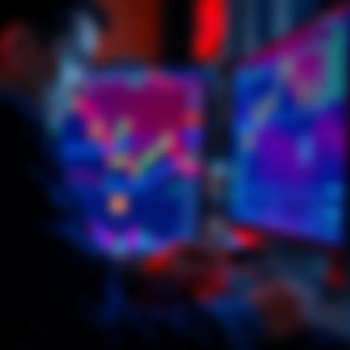 A trader analyzing cryptocurrency charts on a computer screen, with Bitcoin and Ethereum symbols visible.
