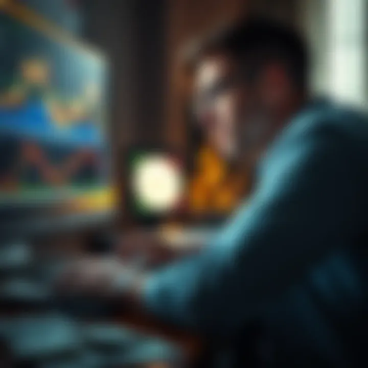 A person looking stressed while analyzing cryptocurrency charts on a computer screen. Money is scattered on the desk, symbolizing financial loss.